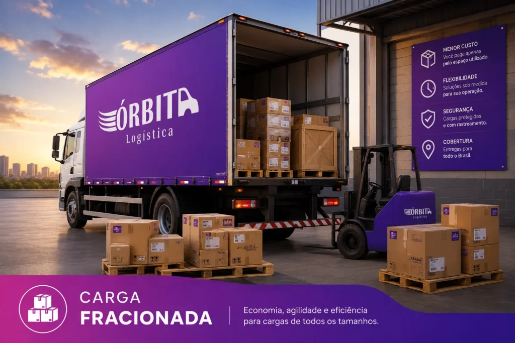 Caminhão baú da Órbita Logística realizando transporte de carga fracionada com consolidação de mercadorias para empresas em todo o Brasil.