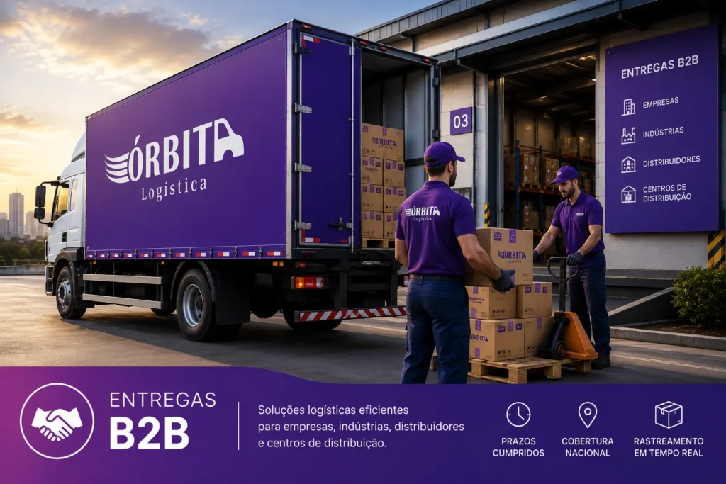 Equipe da Órbita Logística realizando entrega B2B com caminhão baú e distribuição de mercadorias para empresas, indústrias e centros de distribuição.