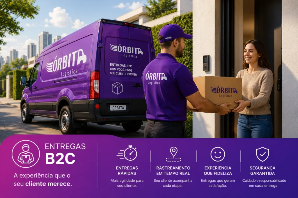 Motorista da Órbita Logística realizando entrega B2C de encomenda em residência, garantindo rapidez, segurança e excelente experiência ao consumidor final.