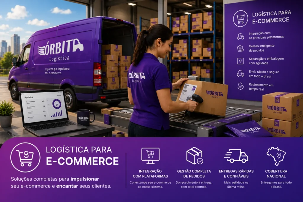 Centro de distribuição da Órbita Logística realizando separação, embalagem e expedição de pedidos para e-commerce com integração logística e entregas rápidas.