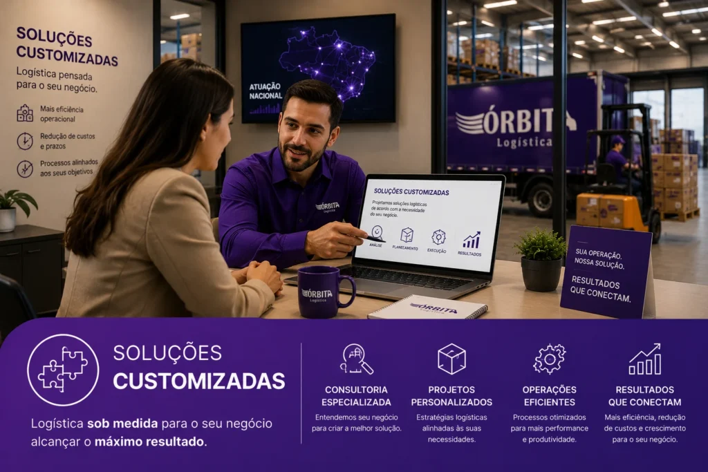 Consultoria da Órbita Logística desenvolvendo soluções logísticas customizadas para empresas com planejamento estratégico e operações personalizadas.